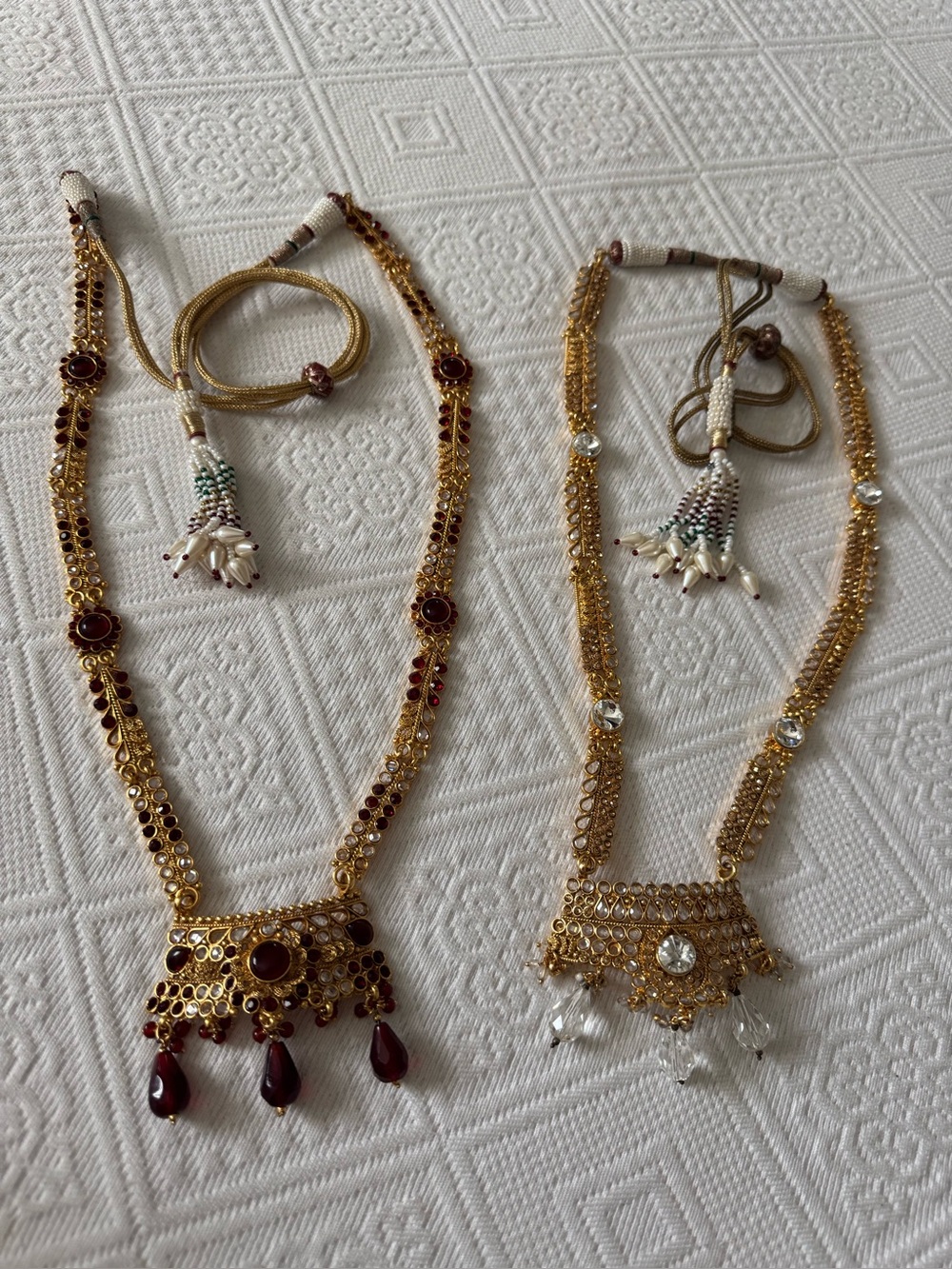 2 Traditional Gold-Tone Red and White Pendant Necklaces
